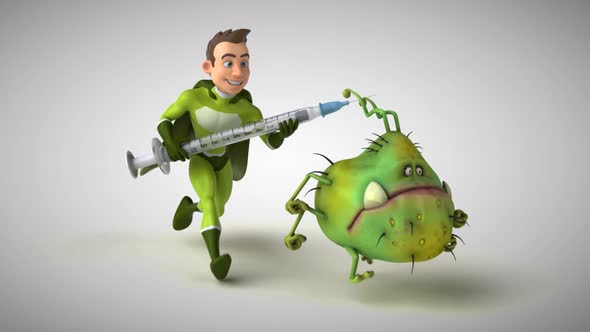 3D Animation of a fun superhero chasing a virus with a vaccine