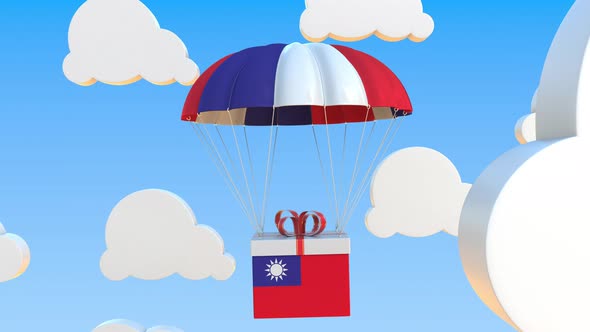Carton with Flag of Taiwan Falls with a Parachute