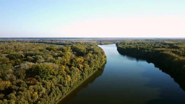 Aerial view calm river and forest in summer day, Chernihiv, Ukraine