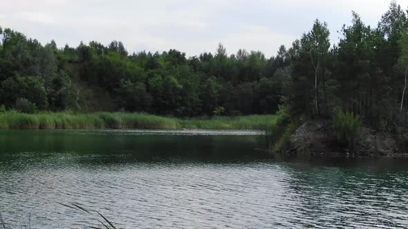 Low View of Beautiful Summer Lake With Grass in Foreground Surrounded by Forest Tracking Forward