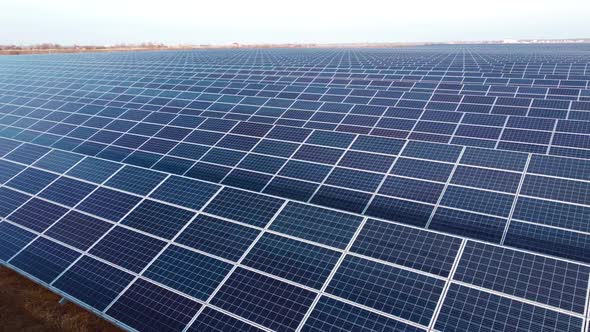 Aerial Drone View Solar Panels on Sunny Day Closeup