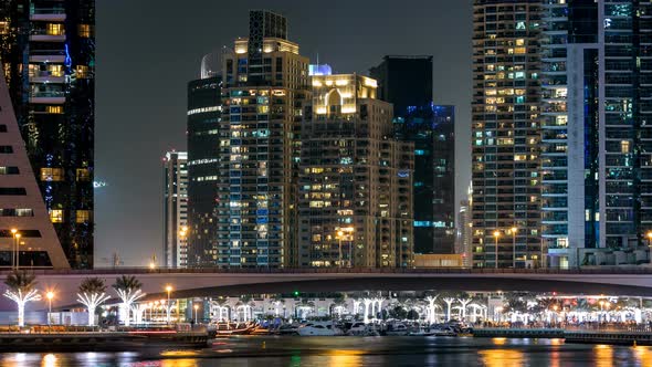 Promenade in Dubai Marina Timelapse at Night UAE