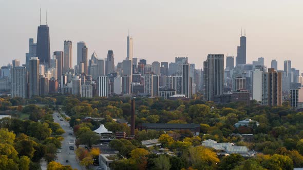 Aerial View of Downtown Chicago in Autumn