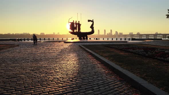 Kyiv, Ukraine - a Monument To the Founders of the City in the Morning at Dawn. Aerial