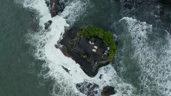 Overhead Aerial View of Tanah Lot Temple on a Small Rocky Cliff