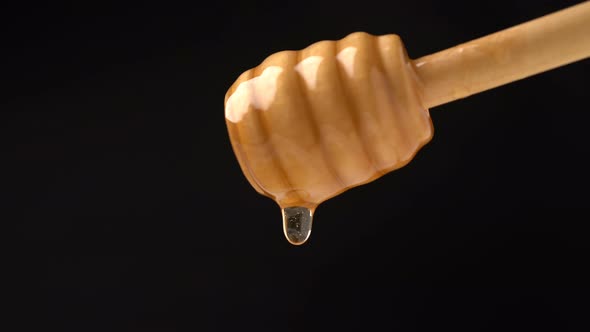 Footage Organic Honey Dripping From Wooden Honey Spoon on Black Background.