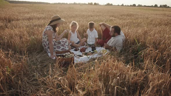 A Friendly Family with Children Sits Around an Impromptu Table During a Picnic in a Wheat Field on a