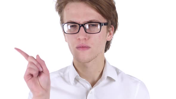 Man in Glasses Waving Finger to Refuse