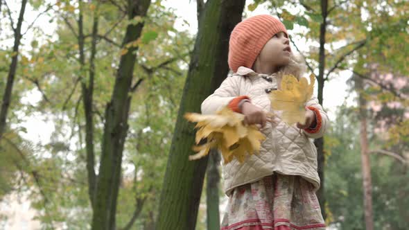 Childhood Family Autumn Concept Small Blonde Girl with Loose Long Hair 34 Years Old in Orange Beret