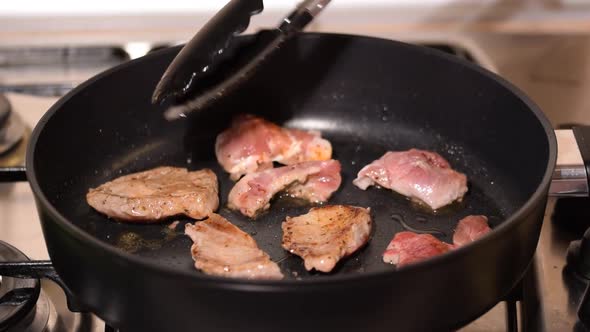 Fry Pork Pieces Meat In Pan