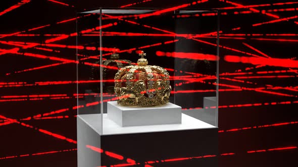 Beautiful golden crown. Valuable exhibit in museum protected by lasers. Insignia