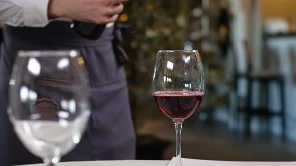 Macro Waiter Serves Visitors Pouring Red Wine Into Wineglasses