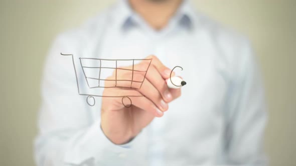 Cart, Businessman Writing on Transparent Screen