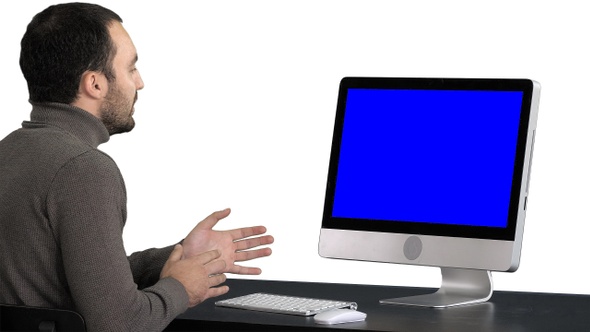 Young Businessman Making Video Call On His Computer white