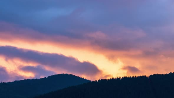 Colorful sunset sky and fast-moving fiery red clouds