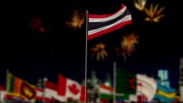 thailand Flag With World Globe Flags And Fireworks 