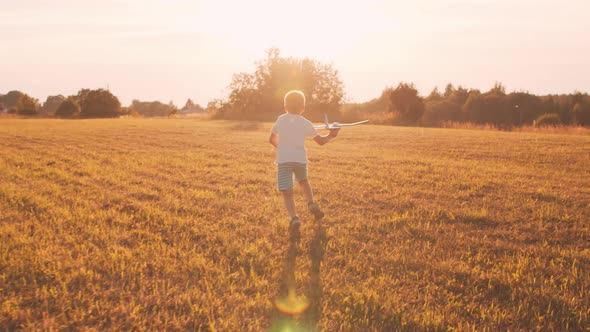 Little boy plays with a toy plane in a field at sunset. Childhood, freedom, inspiration concept.