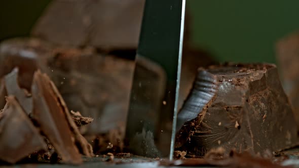 Super Slow Motion Shot of Cutting Raw Chocolate Chunk at 1000 Fps