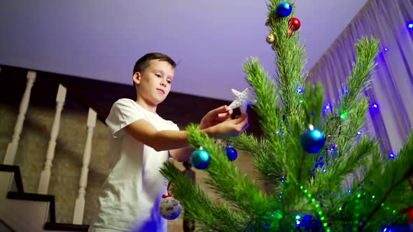 Boy decorates Christmas tree. Happy children decorating the Christmas tree