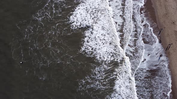 Surfer paddling at sea, shot from birds eye view