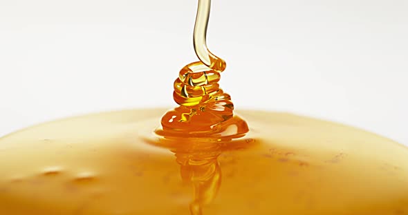 Honey Flowing against White Background, Slow Motion 4K