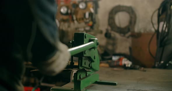 Locksmith Uses Guillotine Mechanical Sheet Metal Cutter at His Workshop Manual Metalwork  Prores HQ