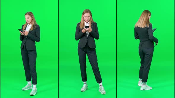 Split Screen Video From Different Angles Businesswoman in a Suit Standing on Chroma Key Background