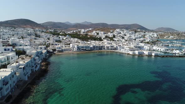 Town of Naoussa on the island of Paros in the Cyclades in Greece seen from th