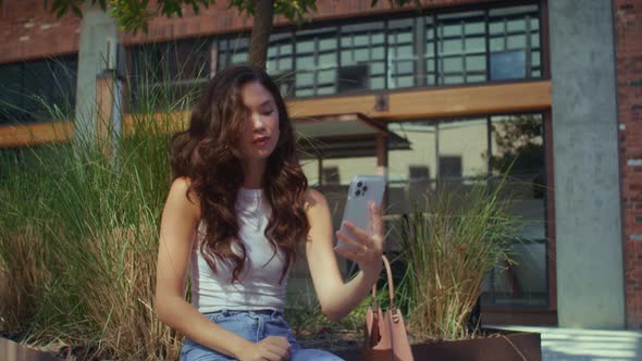 Joyful Woman Making Selfie Sitting Bench City