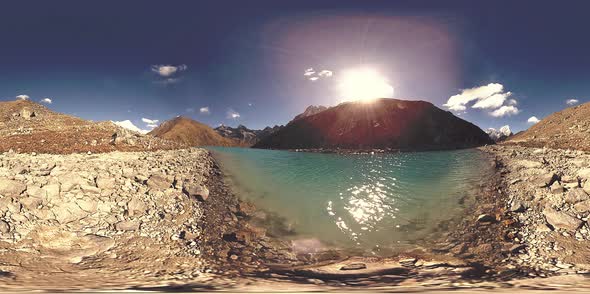 VR Gokyo Ri Mountain Lake at the Winter Season. Wild Himalayas High Altitude Nature and Mount Valley