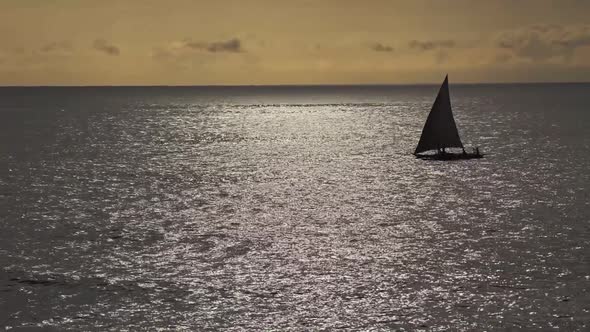Dhow sailing fishing boat silhouetted at sunset at Watamu, Malindi, Kenya
