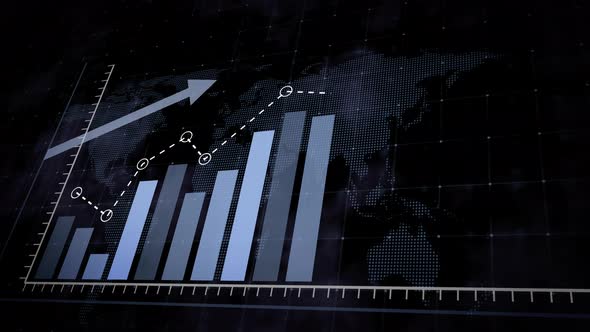 rising blue bar graph and dotted world map alt