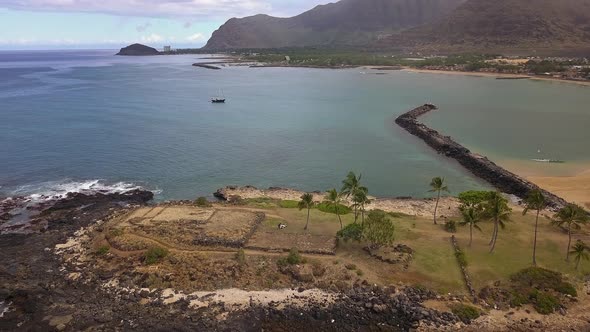 Aerial view of Pokai bay in Waianae Oahu on a calm and sunny day