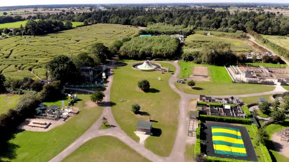 Aerial footage of the fields and country side of the famous York Maze in the UK