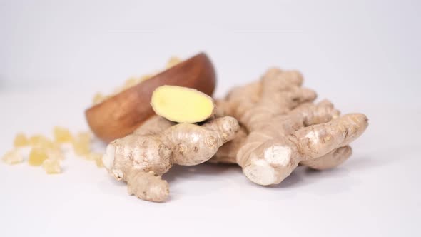 Dried Candied Crystallized Ginger Pieces and Fresh Rhizome Root