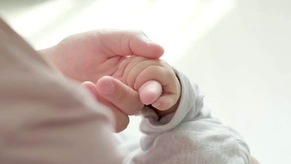 Newborn Baby Hand Holding Mother Mom Touching Baby Tiny Hand to Make Him Feeling Her Love Warm and