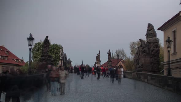 Hyperlapse of walking on Charles Bridge with crowd, Prague