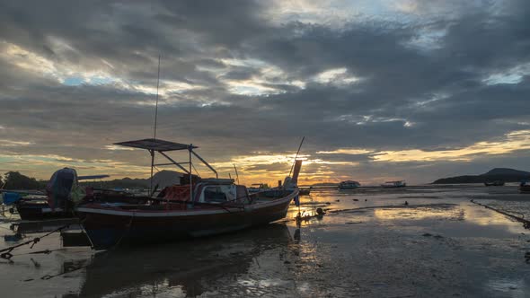 Time Lapse Fishing Boats In Beautiful Sunrise