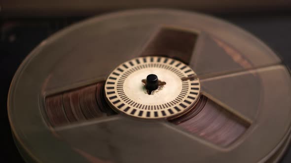 Vintage Reel To Reel Studio Recorder Rolling Tape Close Up