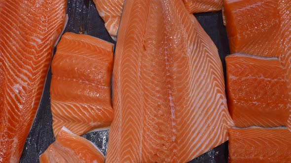 Close Up of Fresh Salmon Fillet on Display on Grocery Store