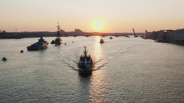 Aerial Landscape with Warships in the Neva River Before the Holiday of the Russian Navy at Early