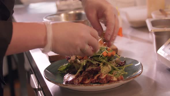 Restaurant Cooking  the Chef Lays Out a Salad with Fish and Pieces of Pumpkin on a Plate