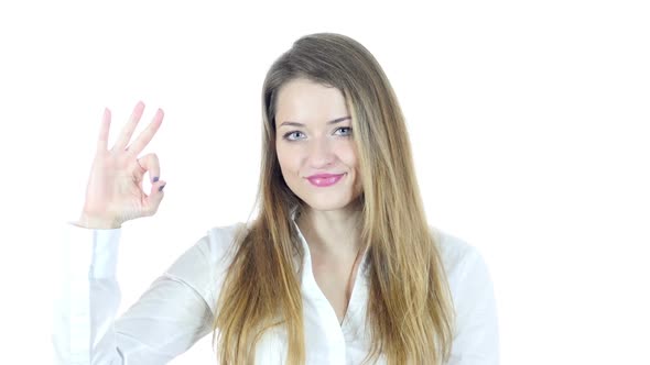 Woman Showing Ok Sign, White Background