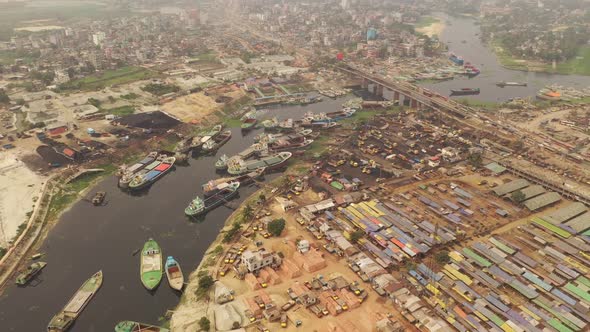 Aerial view of a brick factory along the river near a quarry, Dhaka, Bangladesh.