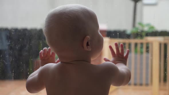 Back Shot of a Baby Watching Rain Through the Window.