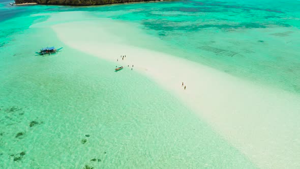 Sandy Beach in the Lagoon with Turquoise Water. Balabac, Palawan, Philippines.