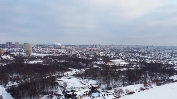 Aerial Kharkiv city from Lopan river with epic sky