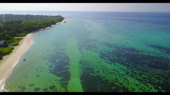 Aerial drone scenery of perfect coastline beach voyage by blue ocean with white sand background of a