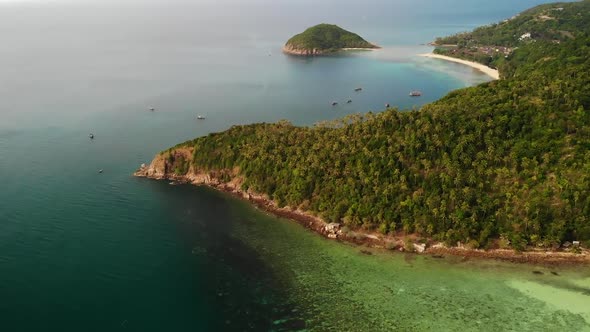 Aerial Drone View Small Koh Ma Island, Ko Phangan Thailand. Exotic Coast Panoramic Landscape, Mae