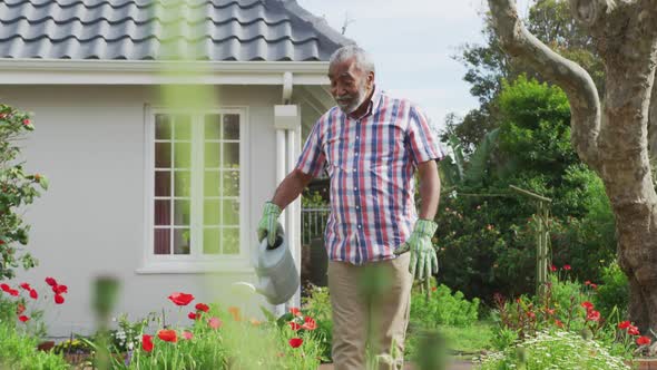 Animation of african american senior man gardening, watering flowers